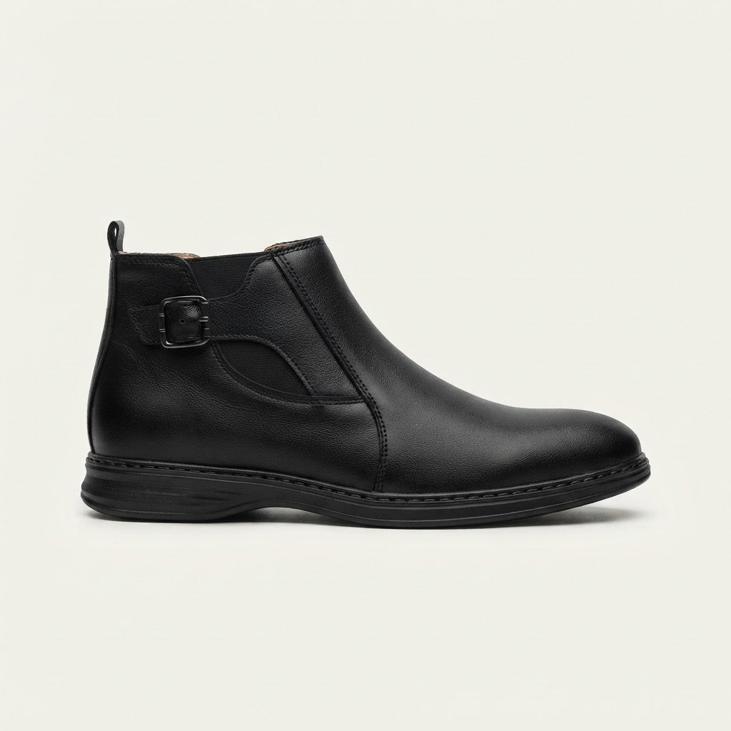 Buckle Leather Ankle Boots - Jet Black
