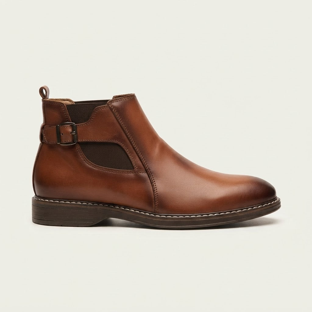 Buckle Leather Ankle Boots - Tan Brown